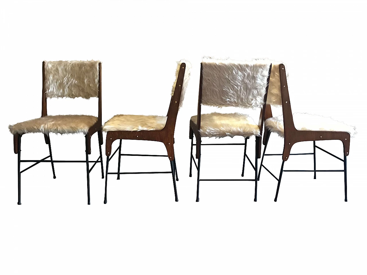 Set of 4 chairs restored with white furry upholstery, 1950s 1084411