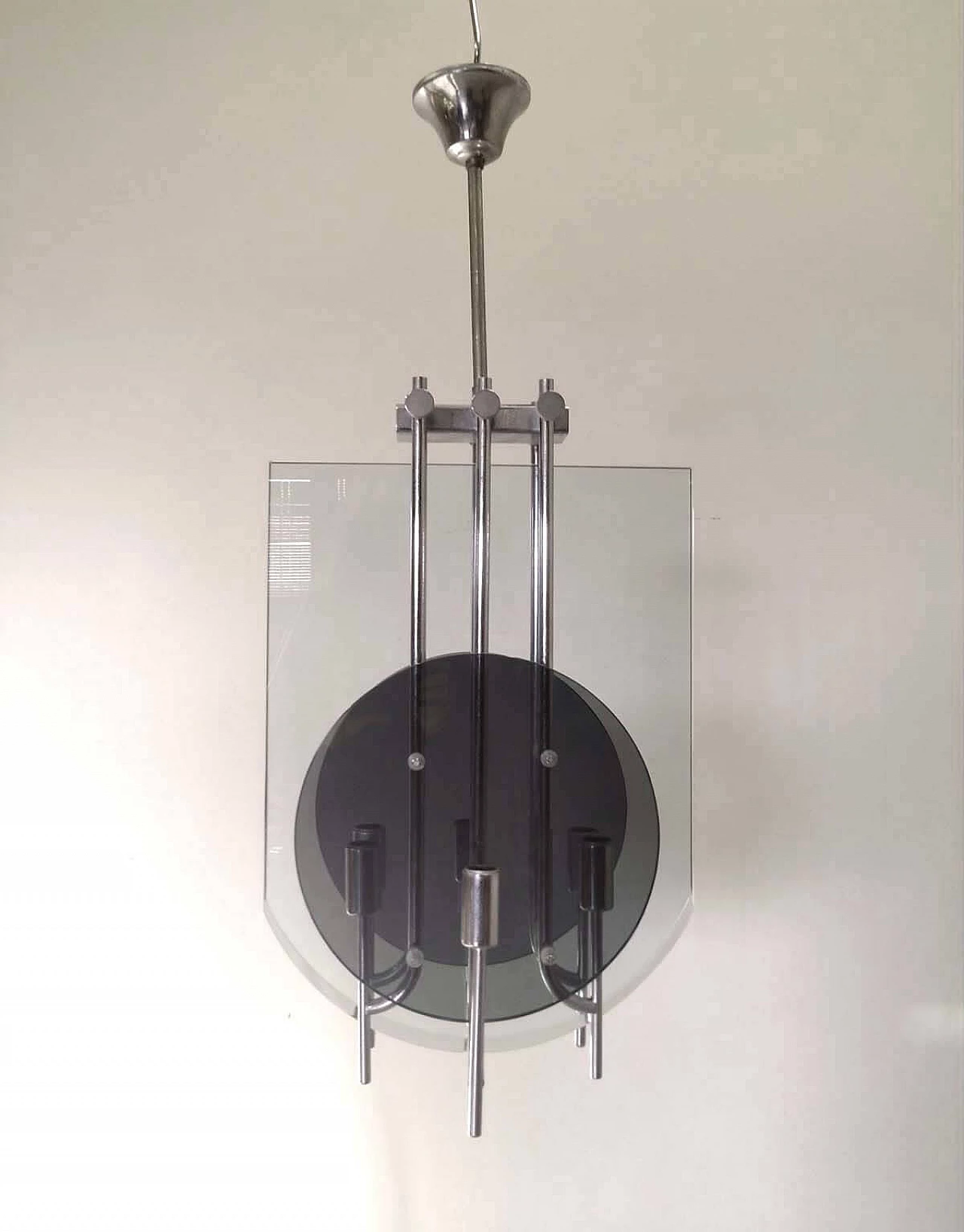 Glass and steel chandelier, 70s 5