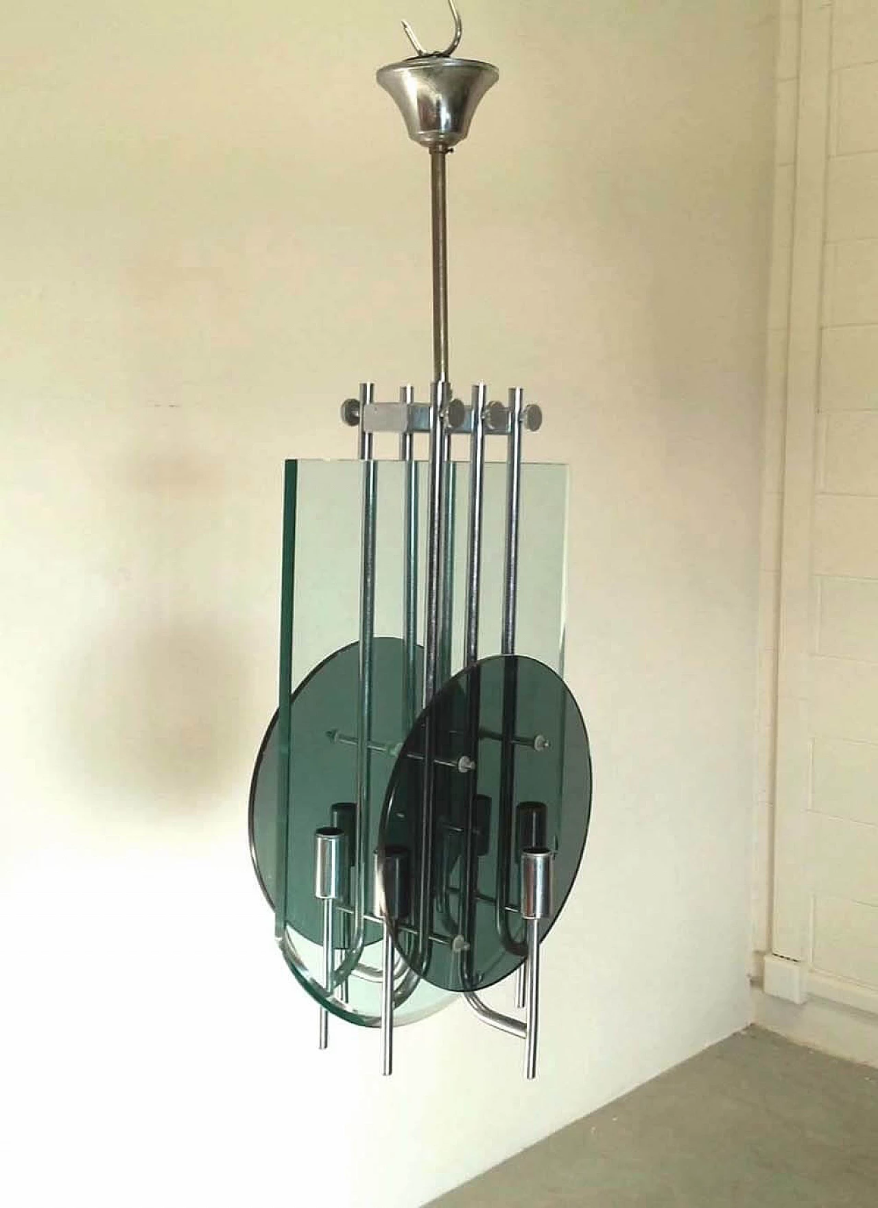 Glass and steel chandelier, 70s 9