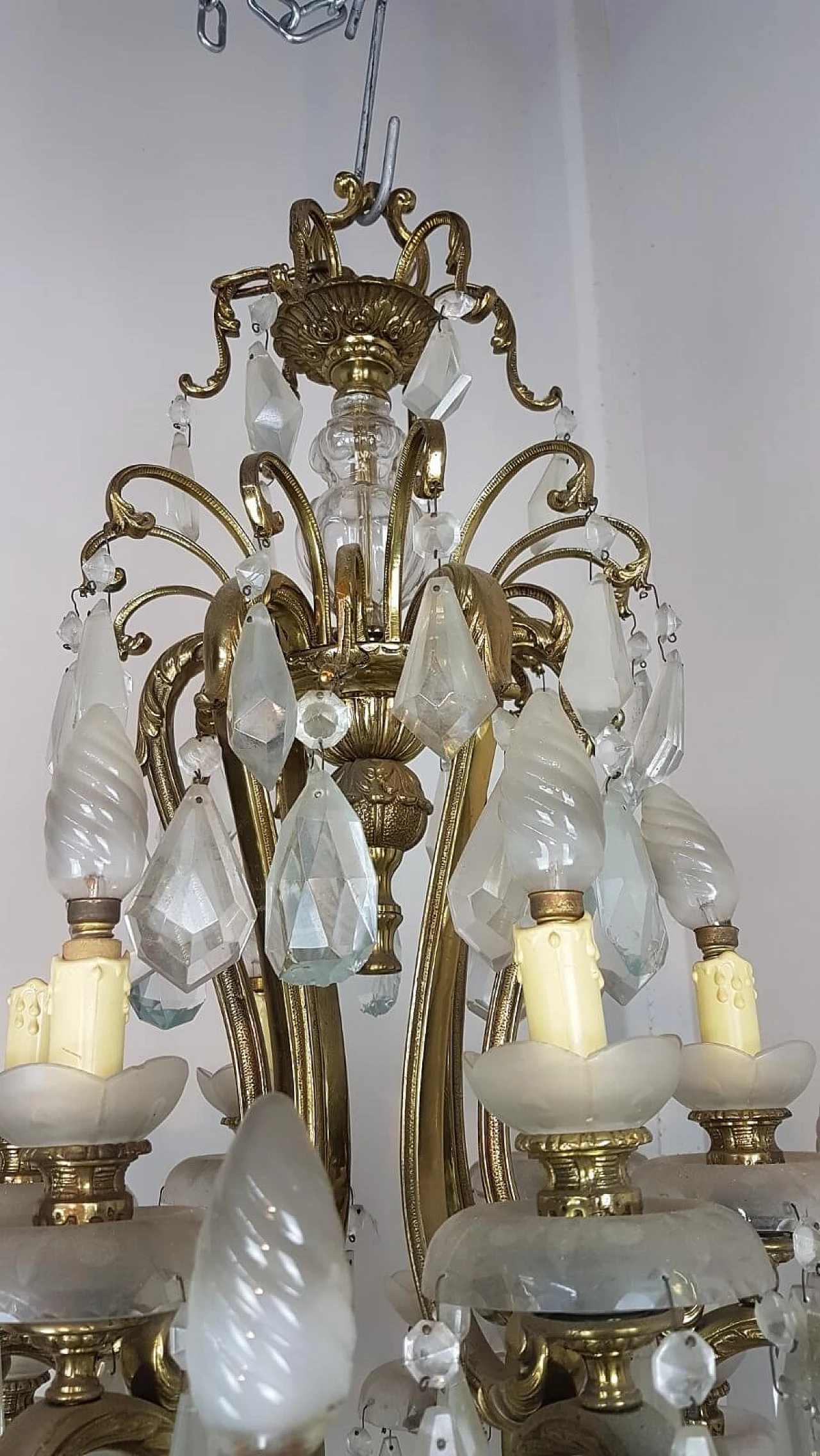 Antique gilded bronze and crystal chandelier, first half of the 20th century 4