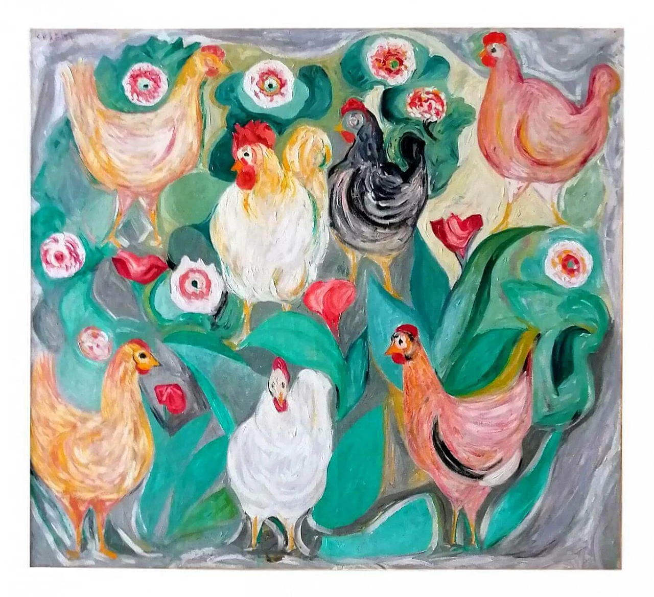 Oil on canvas Galline by Giuseppe Cesetti, 60's 1166198