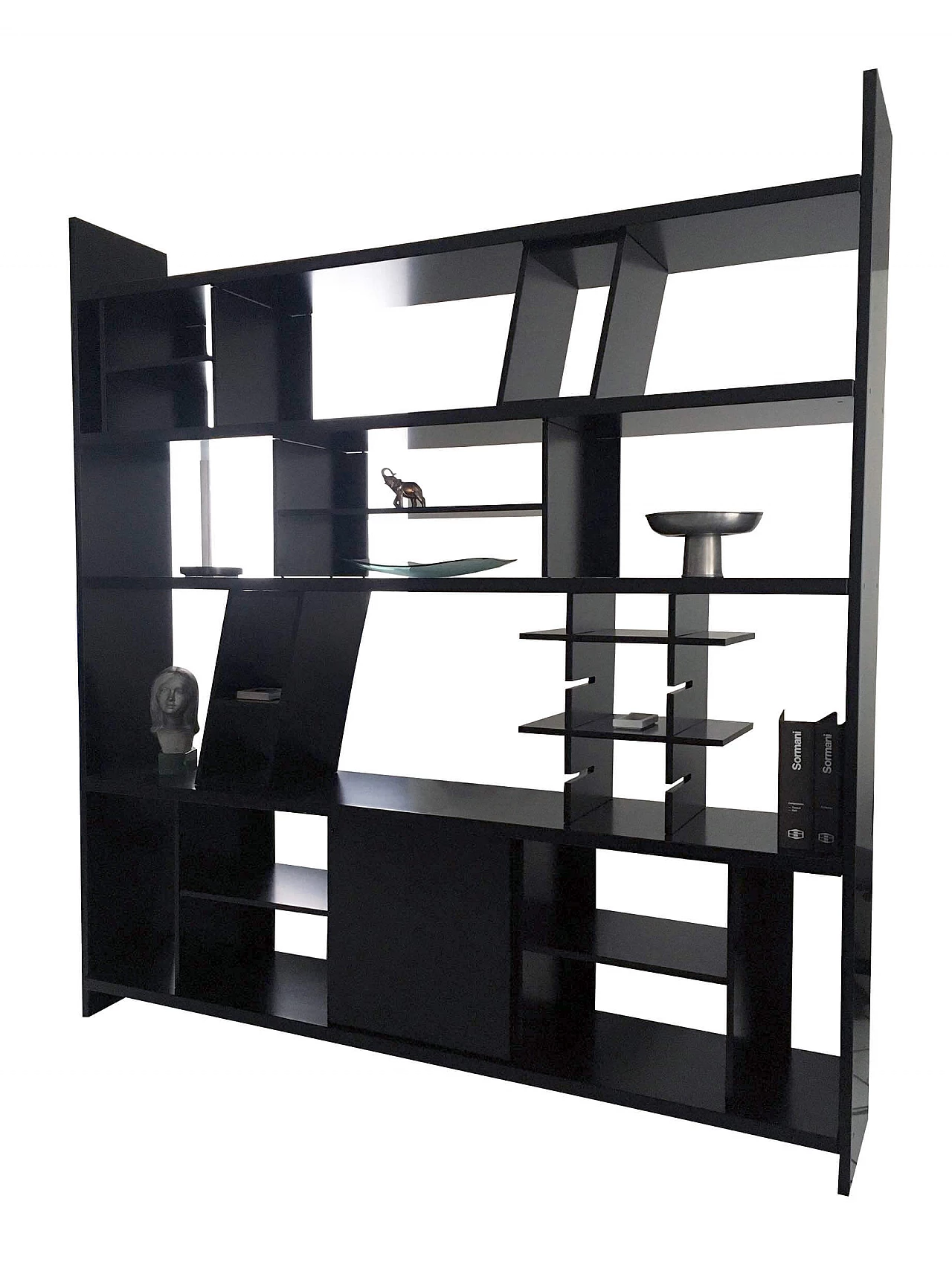 Large black satin lacquered bookcase horizontal shelves, 80's 1167383