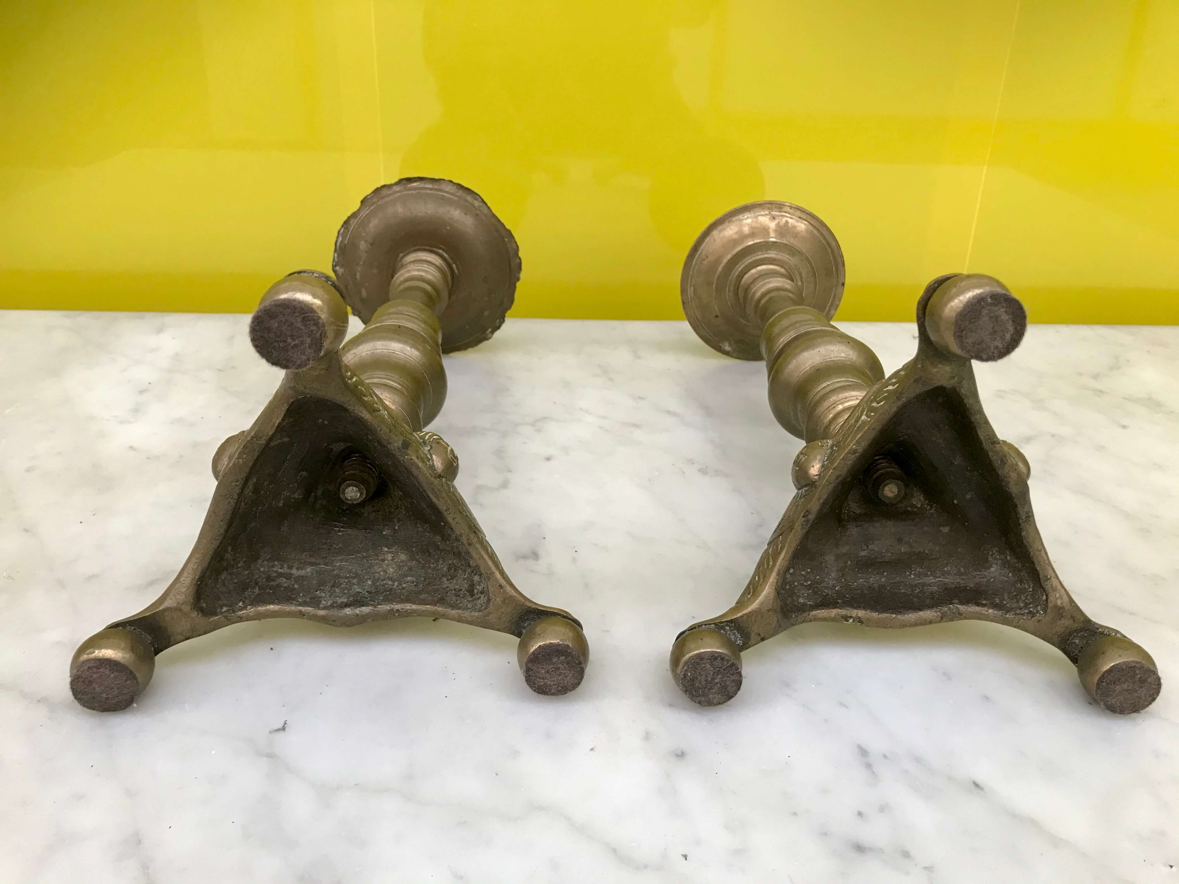 Pair of brass and oxidized brass candle holders, 1940s