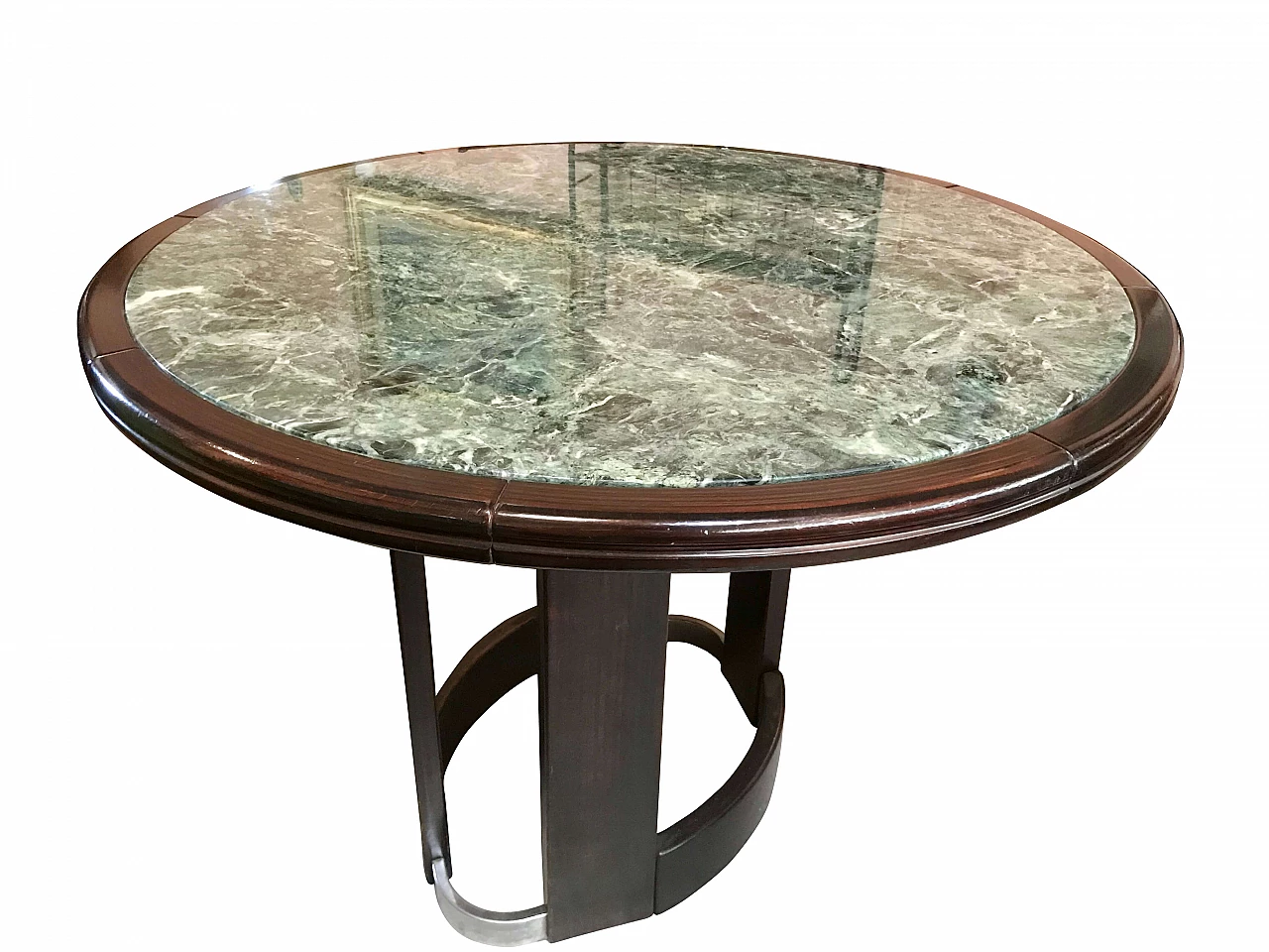 Tavolo rotondo laccato FintoLegno con piano in marmo Verde Alpi incassato, anni '70 1168466