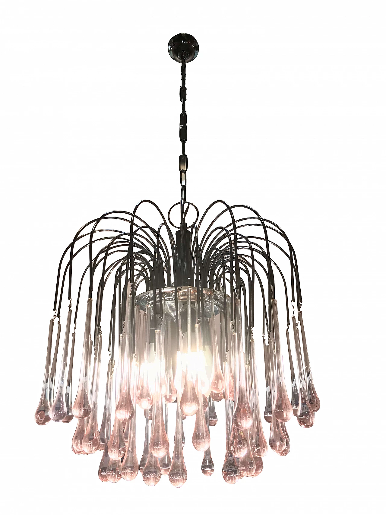 Vistosi Waterfall ceiling lamp in chromed metal with pink Murano glass drops, 60s Cromato GOCCE di MURANO ROSA 1168494