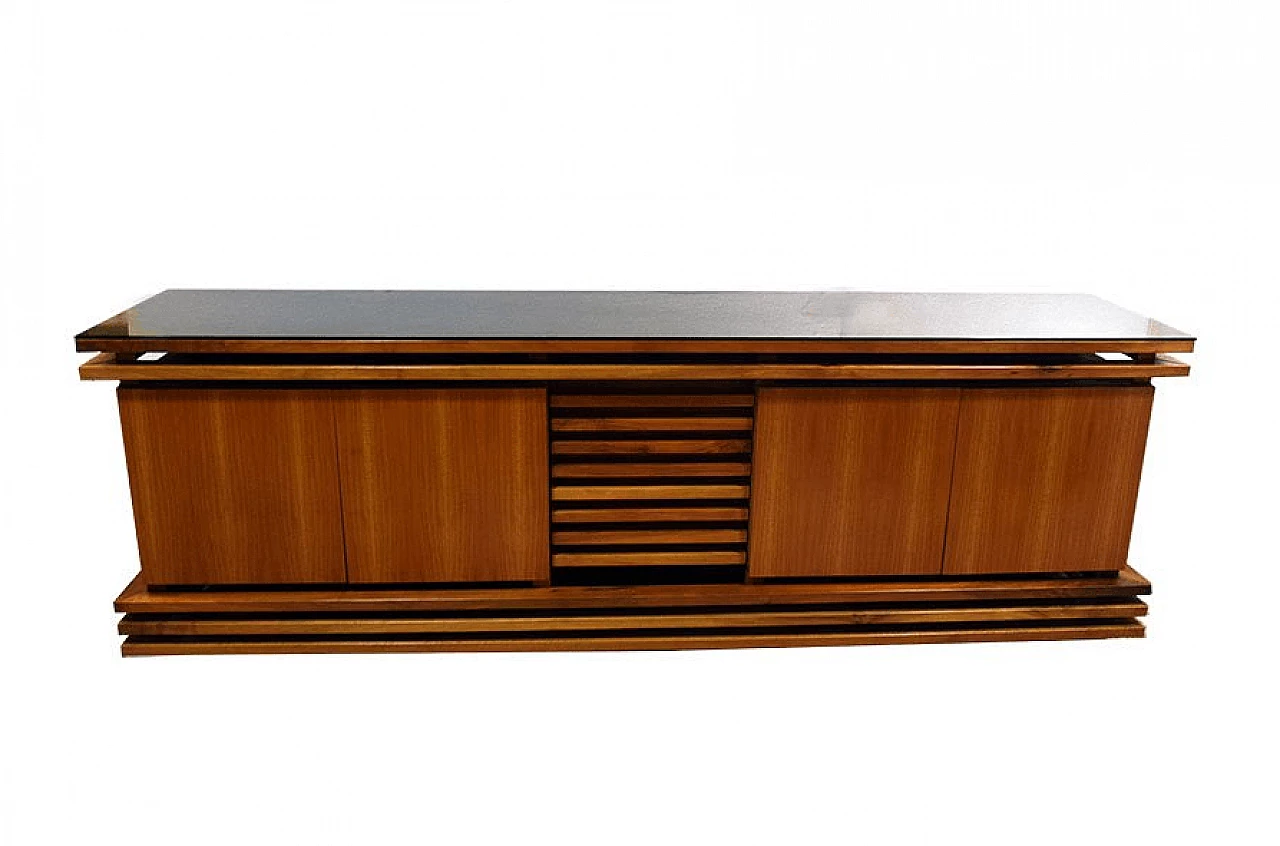 Credenza in noce con piano in vetro nero, anni '70 1169177