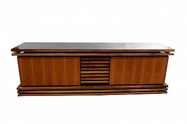 Walnut sideboard with black glass top, 70's