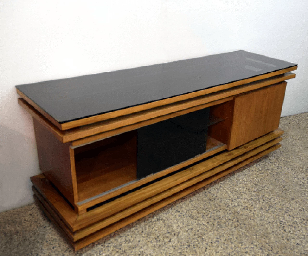 Walnut sideboard with black glass top, 70's 1169187