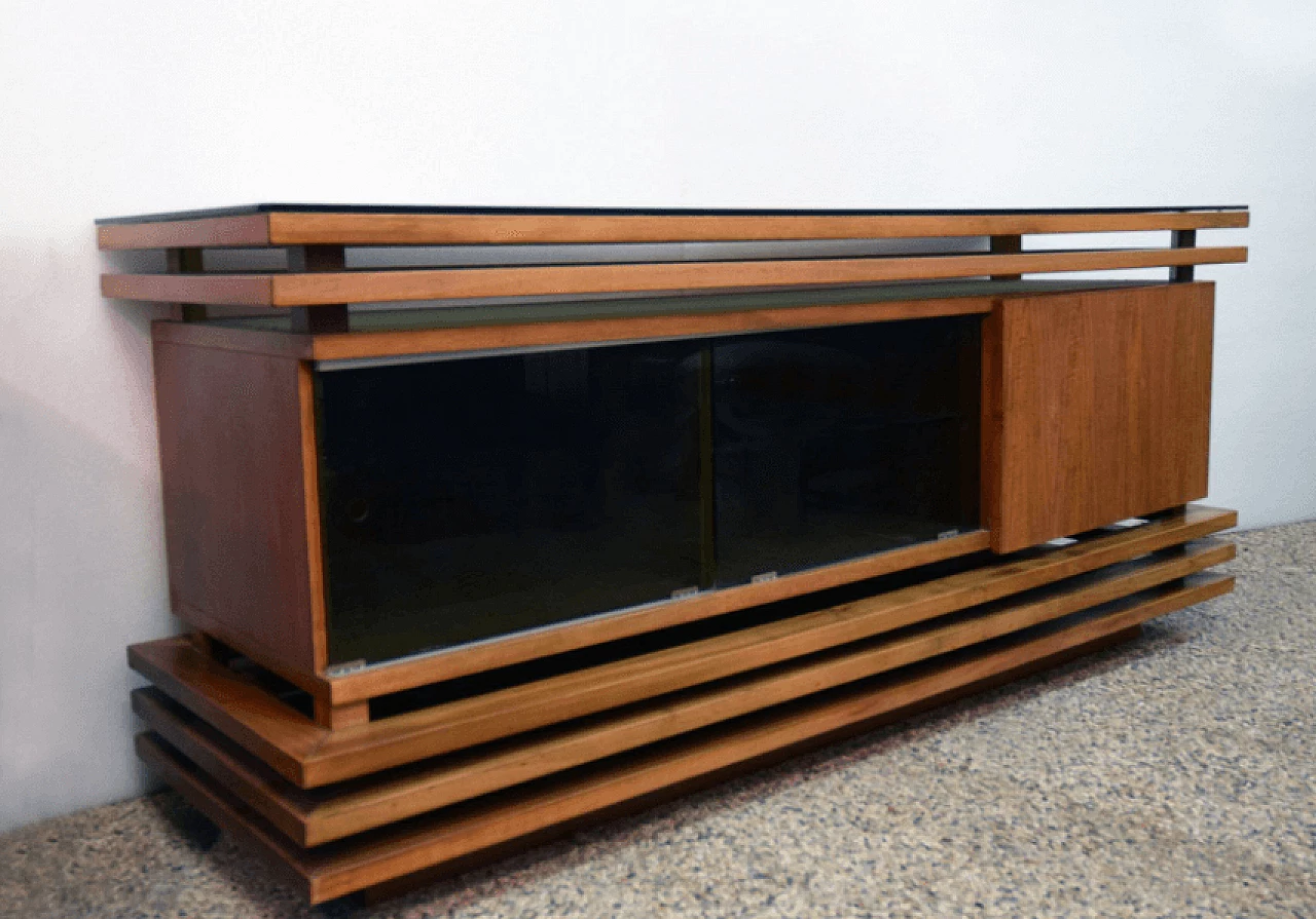 Walnut sideboard with black glass top, 70's 1169189