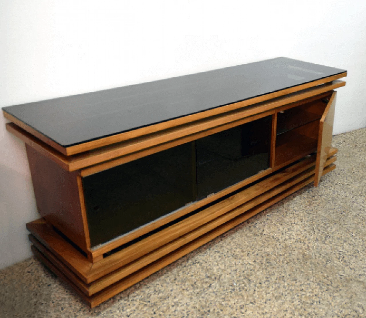 Walnut sideboard with black glass top, 70's 1169190