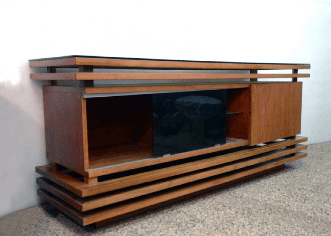 Walnut sideboard with black glass top, 70's 1169191