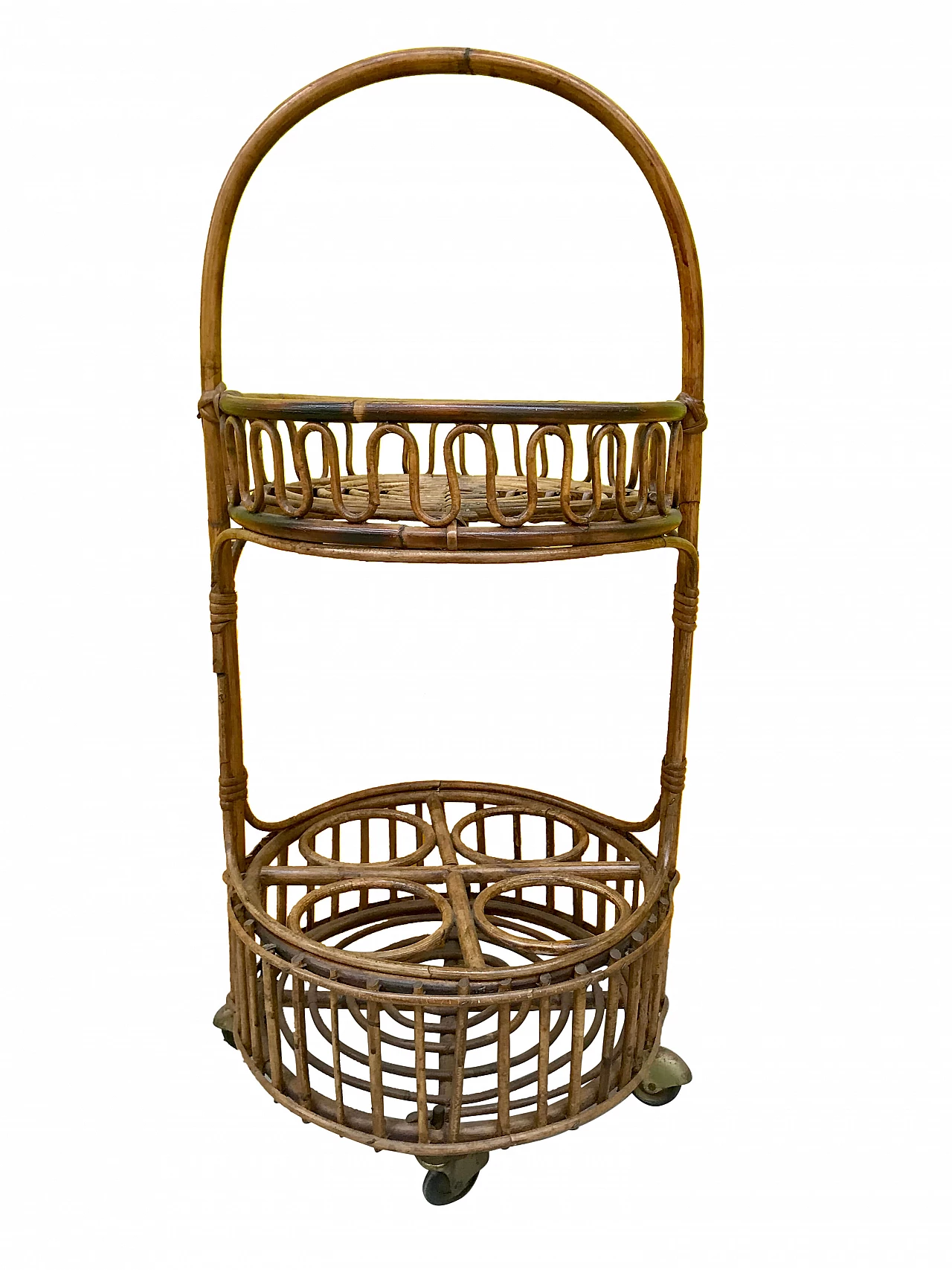 Round wicker bar trolley with bottle holder, 50s 1170809