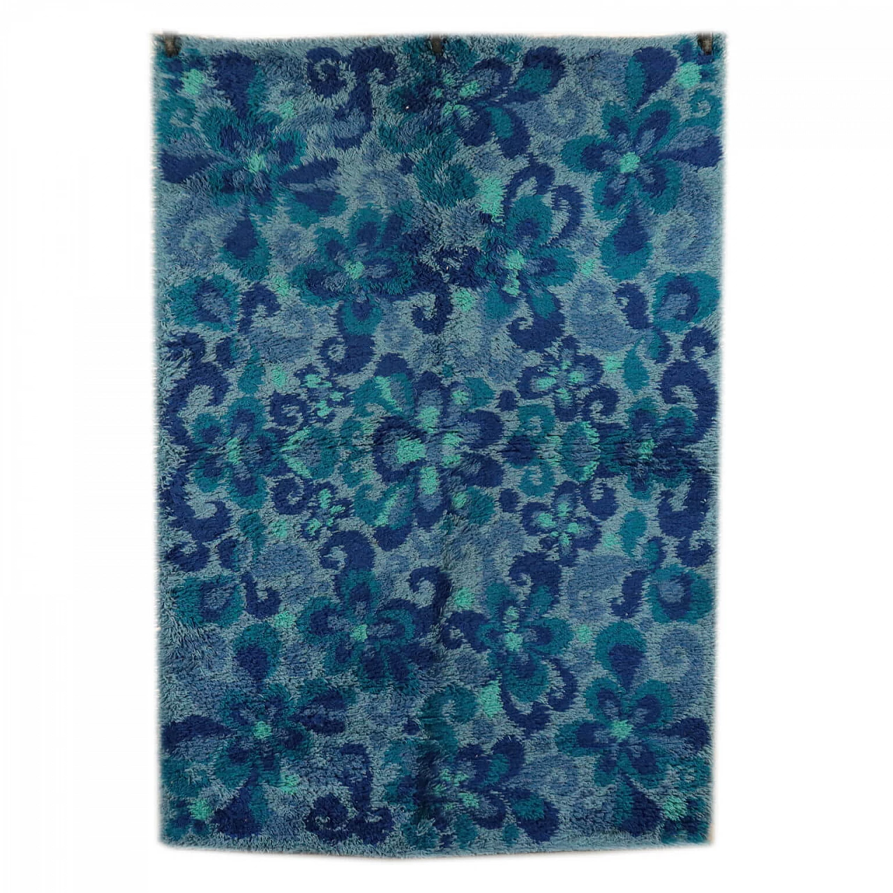 Shaggy rug with floral pattern, in shades of blue, 60s 1097882