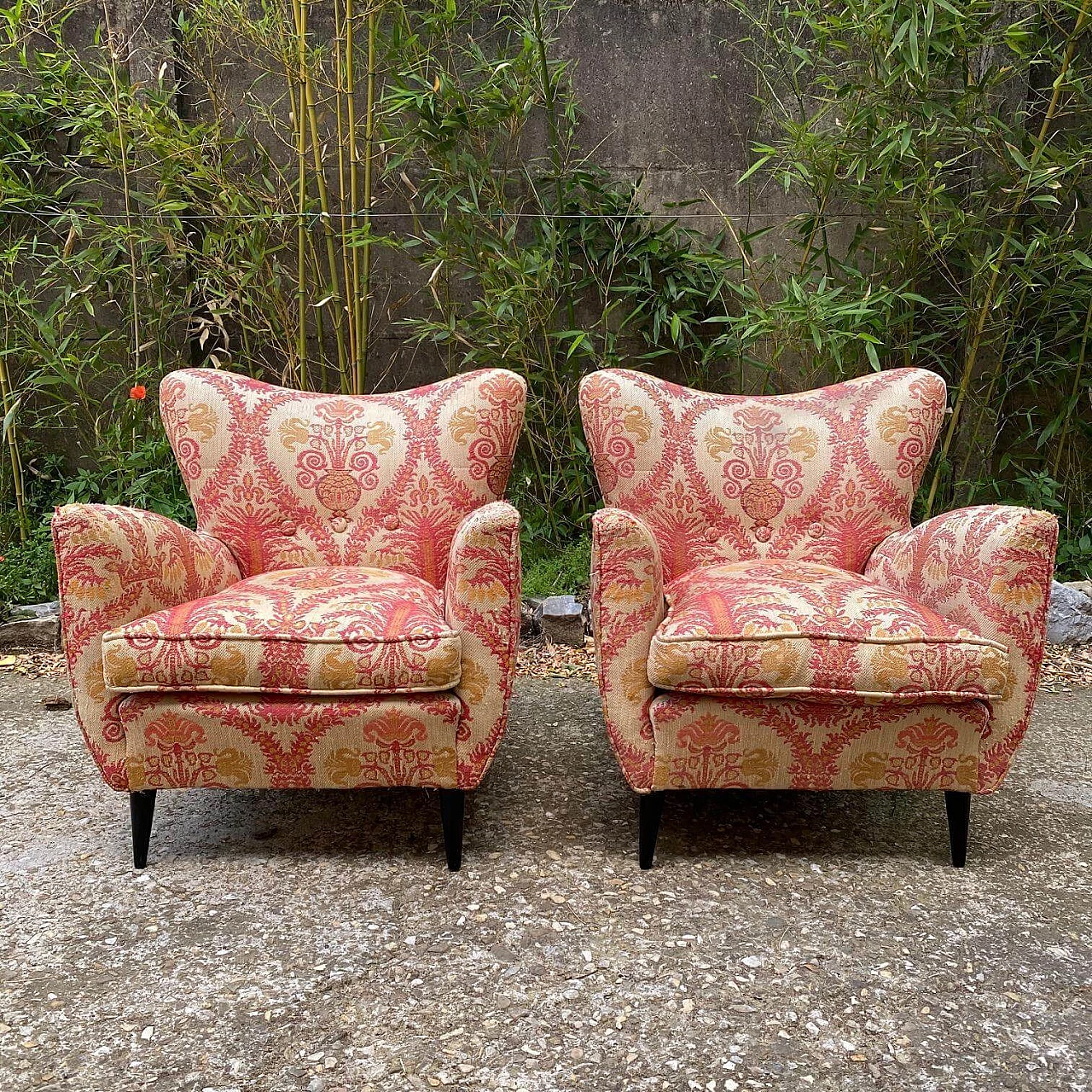 Pair of armchairs upholstered in floral damask, 1950s 1129865