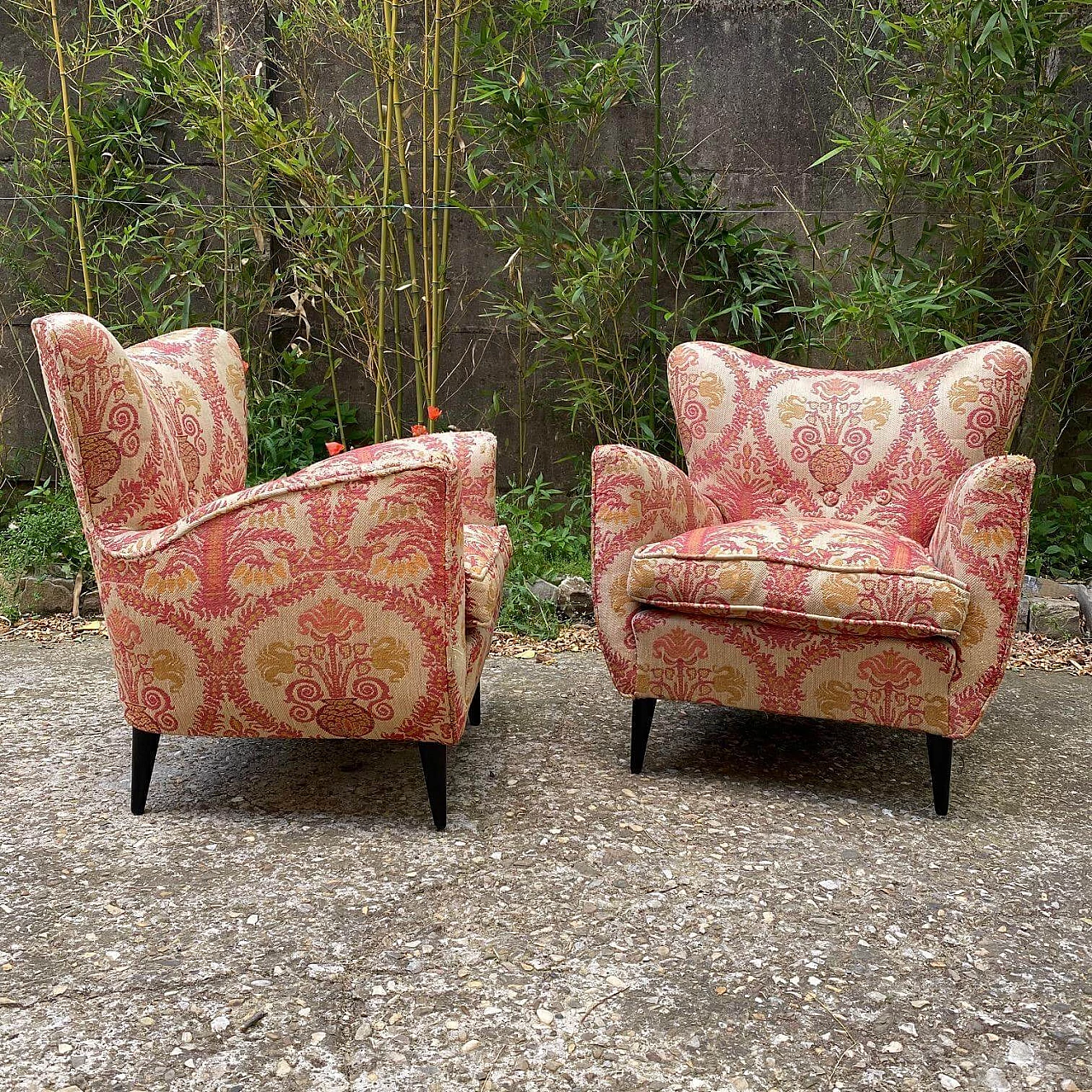 Pair of armchairs upholstered in floral damask, 1950s 1129866