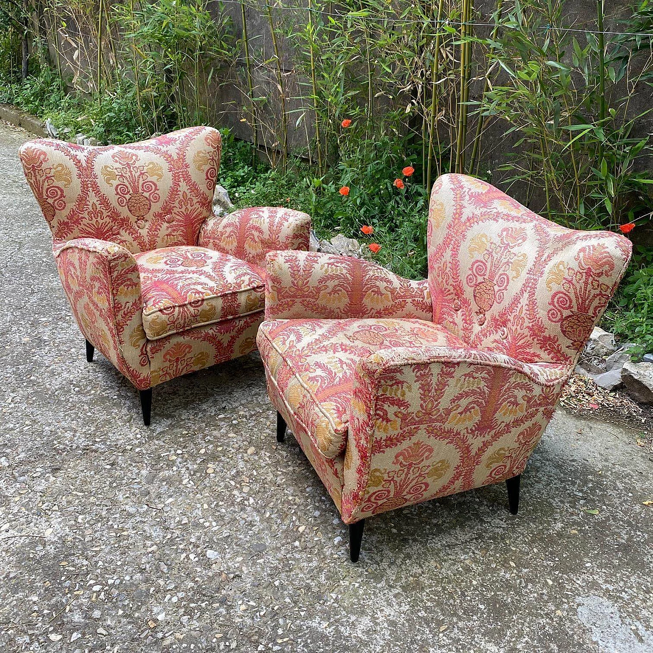 Pair of armchairs upholstered in floral damask, 1950s 1129867