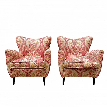 Pair of armchairs upholstered in floral damask, 1950s