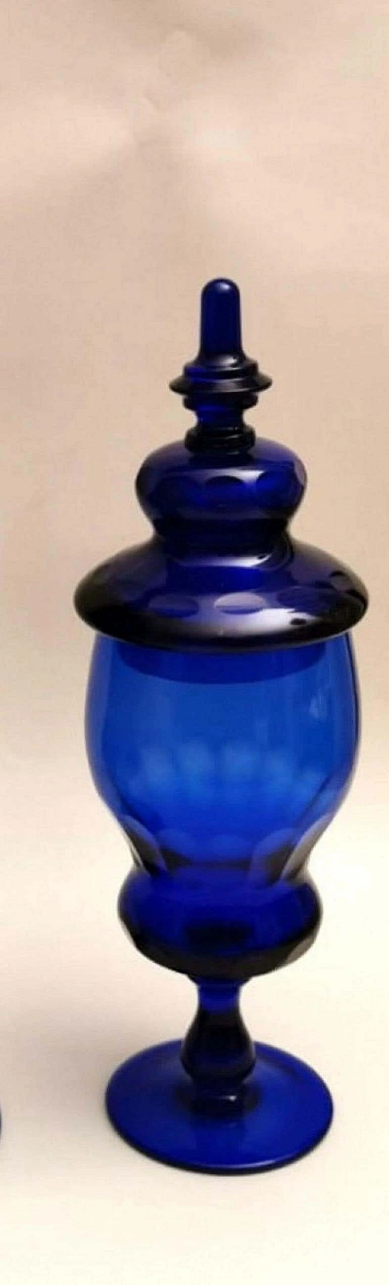 Pair of blown cobalt Murano glass albarelli bottles with lid, 40s 1187885