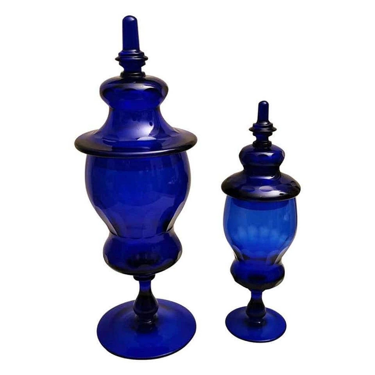 Pair of blown cobalt Murano glass albarelli bottles with lid, 40s 1187900