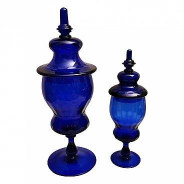 Pair of blown cobalt Murano glass albarelli bottles with lid, 40s