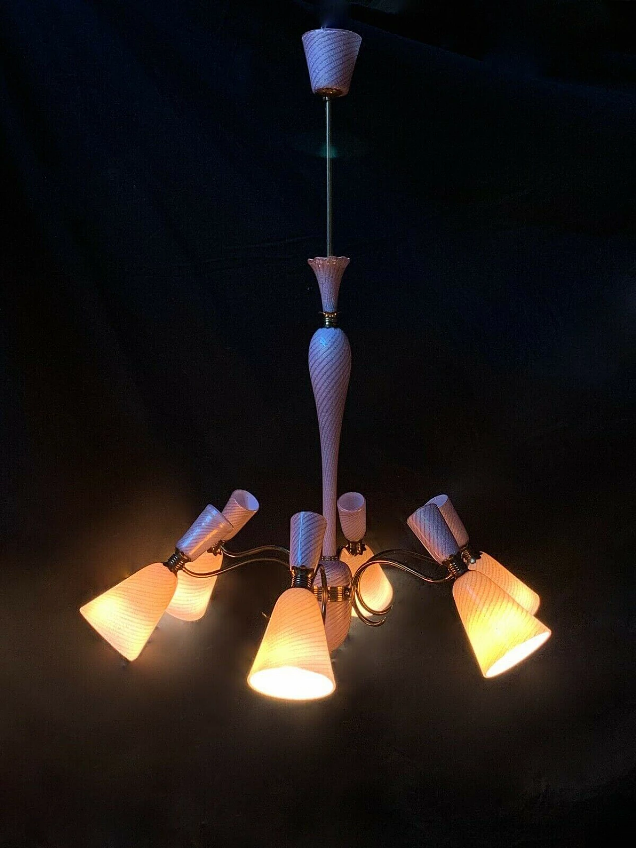 Lampadario in vetro di Murano e ottone di Barovier, anni '50 1203345