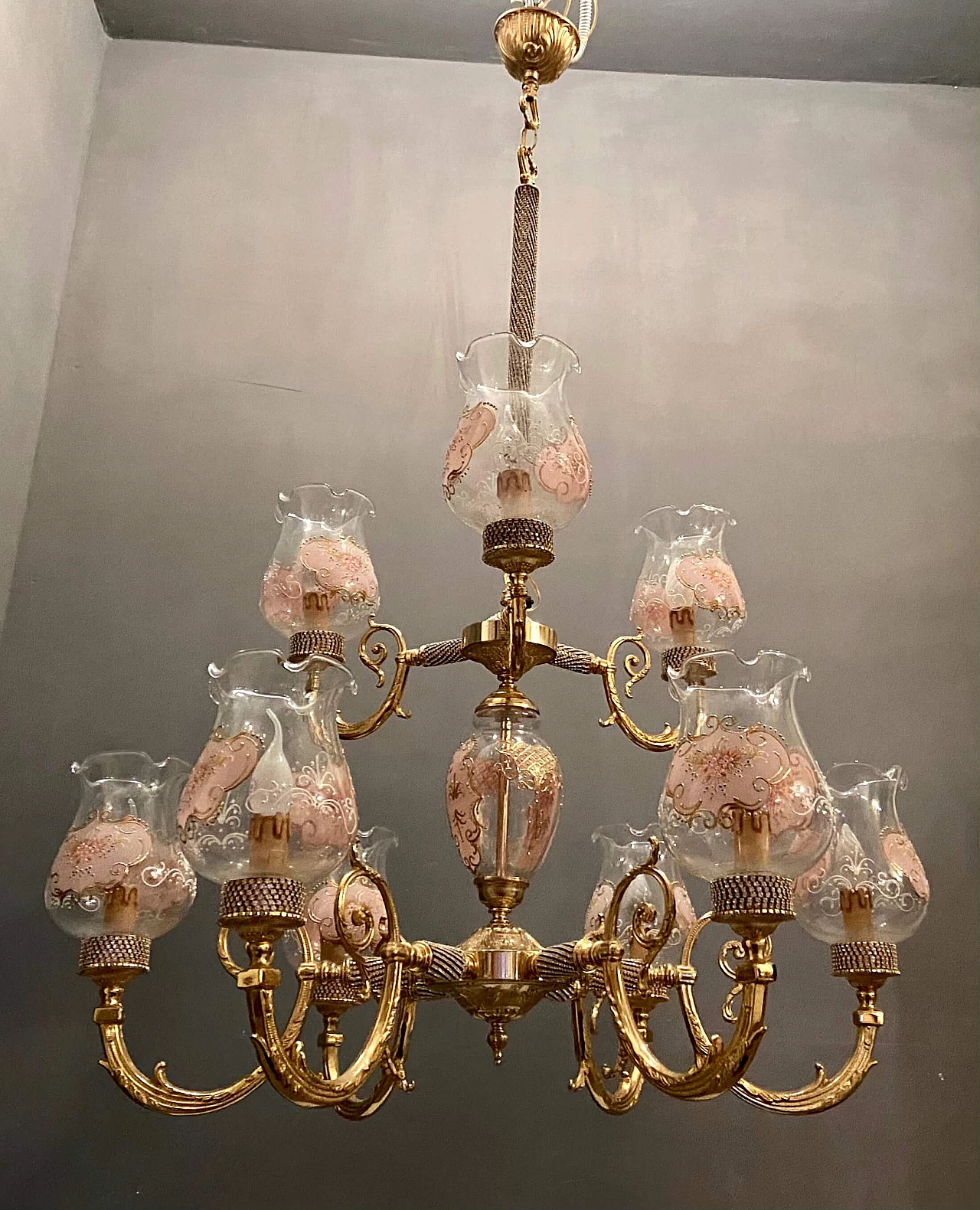 Baroque style chandelier in Murano glass and brass by Rosa Perla, 60s 1208172