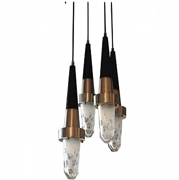 4-light chandelier in aluminum and glass, 60s