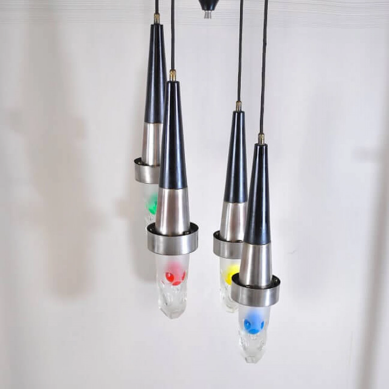 4-light chandelier in aluminum and glass, 60s 1211816