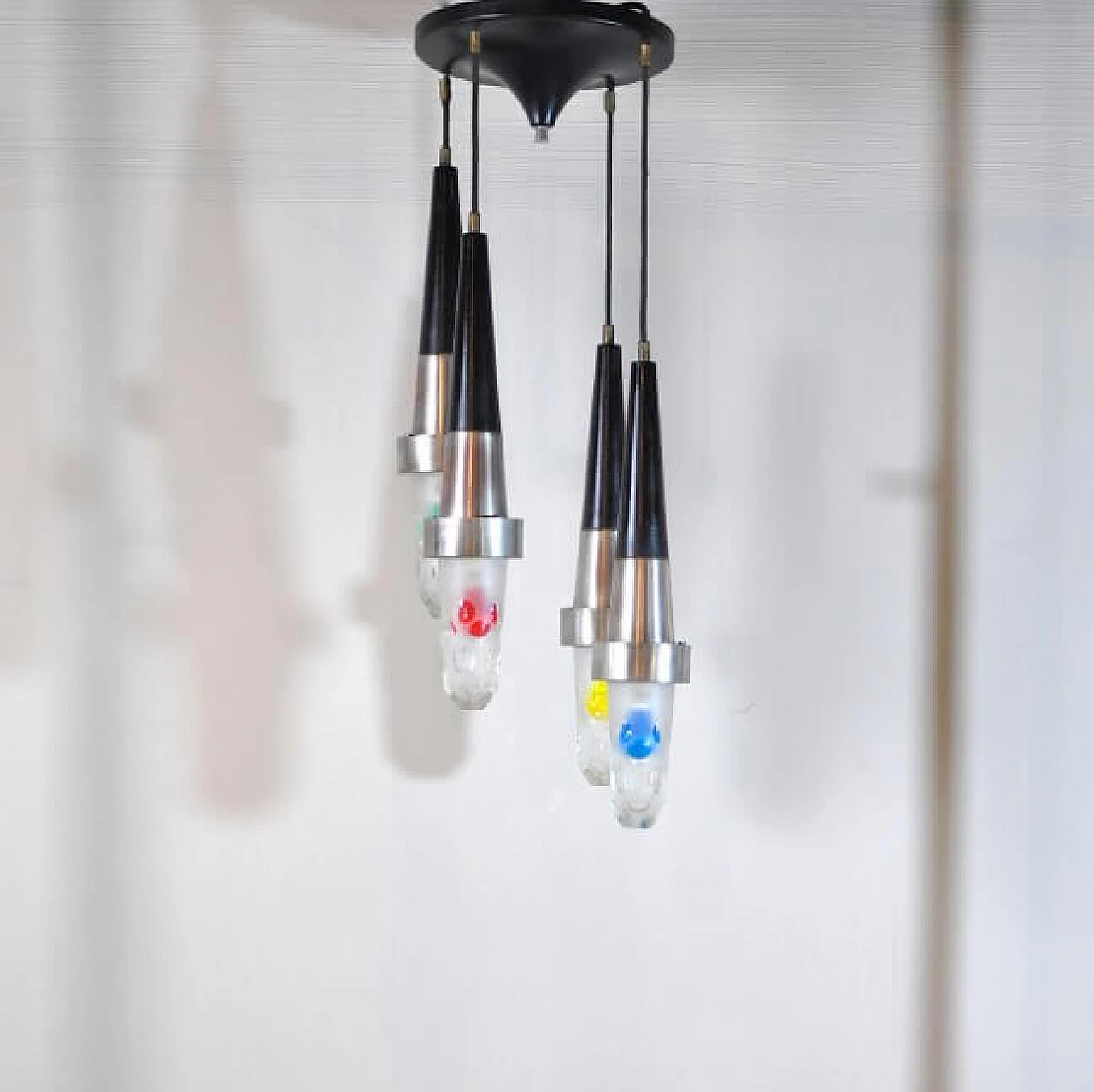 4-light chandelier in aluminum and glass, 60s 1211818