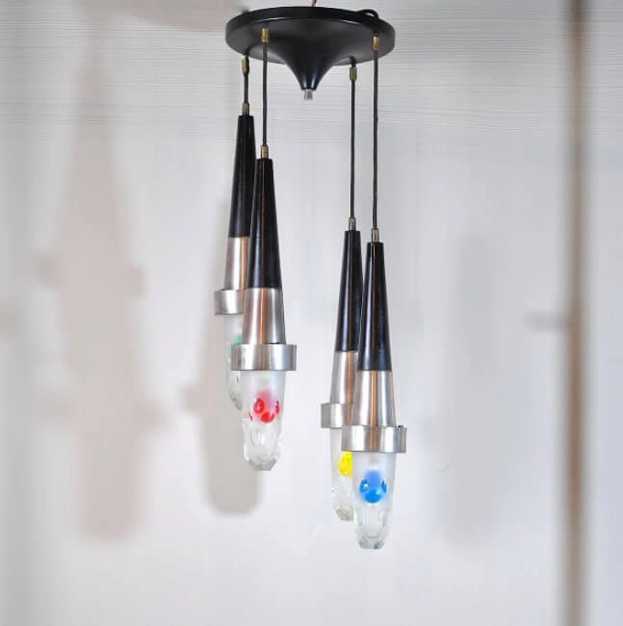 4-light chandelier in aluminum and glass, 60s 1211819