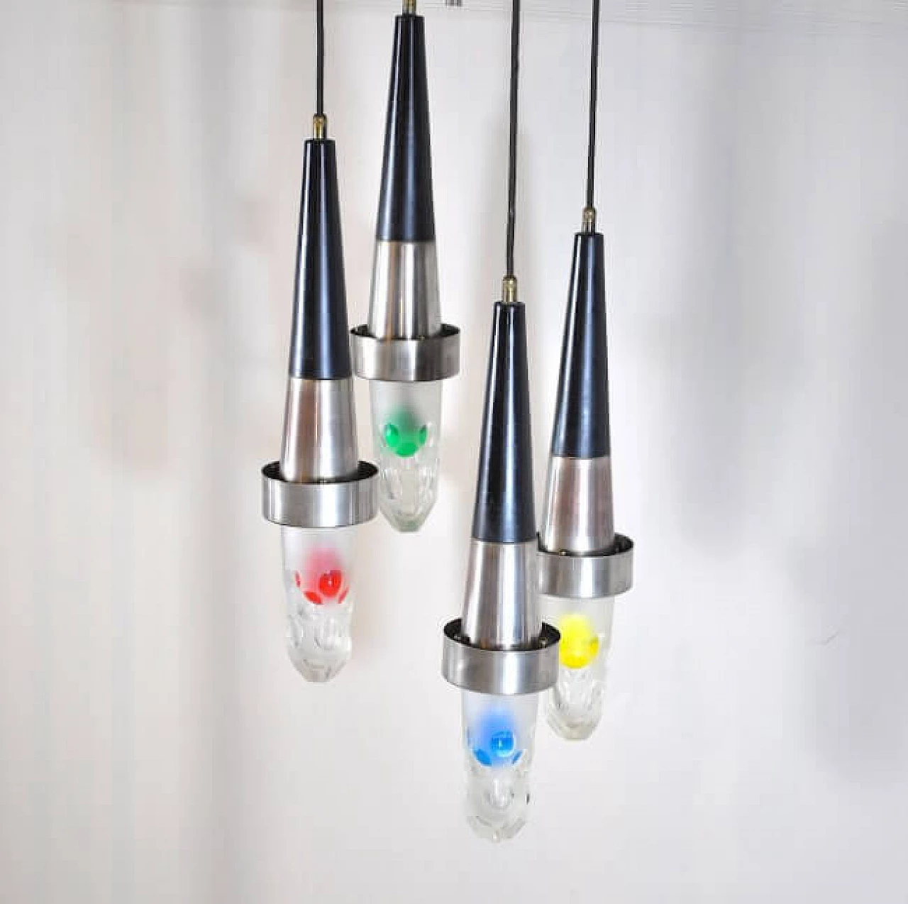 4-light chandelier in aluminum and glass, 60s 1211821