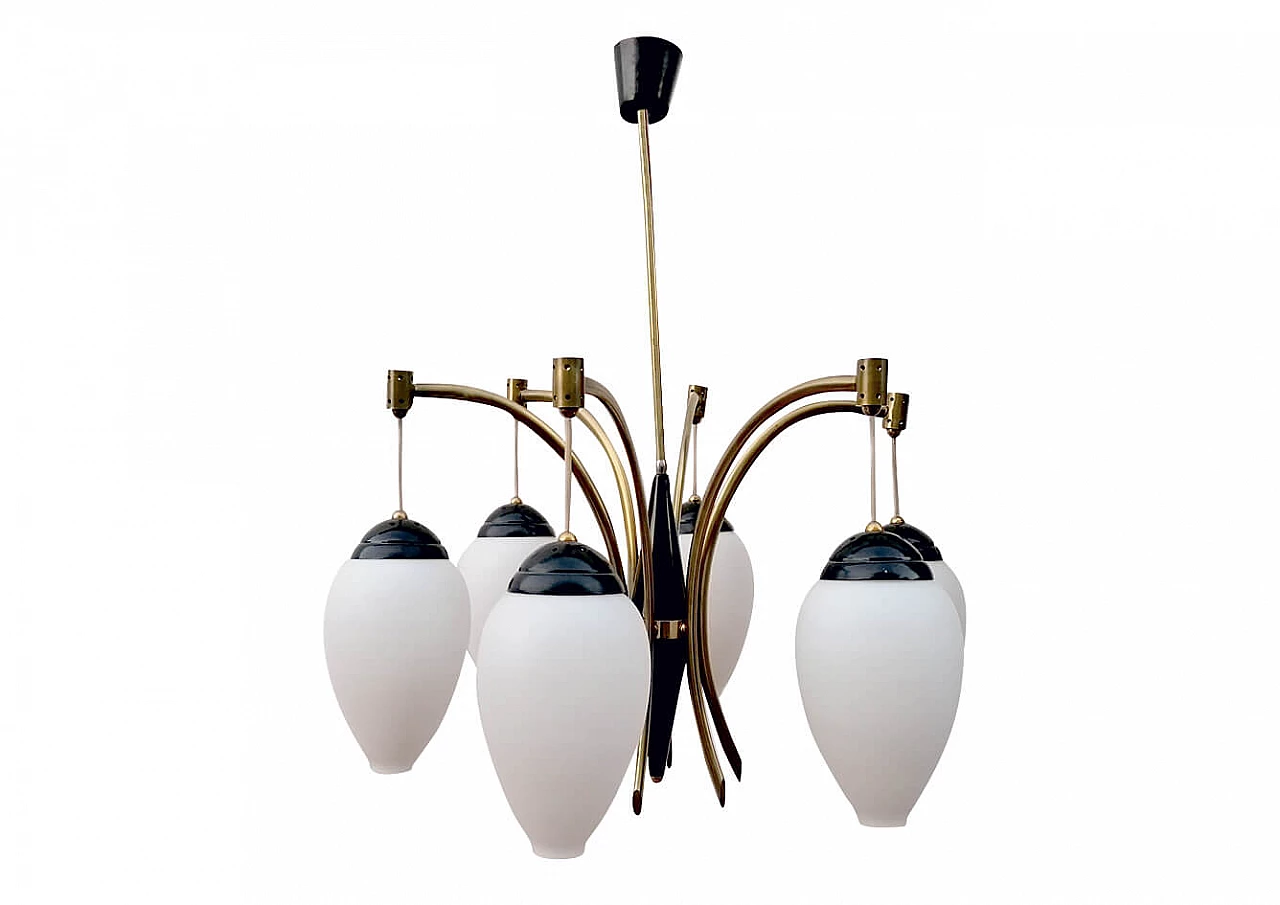 Chandelier in brass, lacquered metal and opaline glass by Stilnovo, 50s 1213710