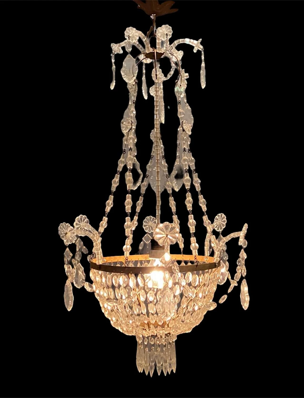 Chandelier in crystal beads and gilded metal, 50s 1226628