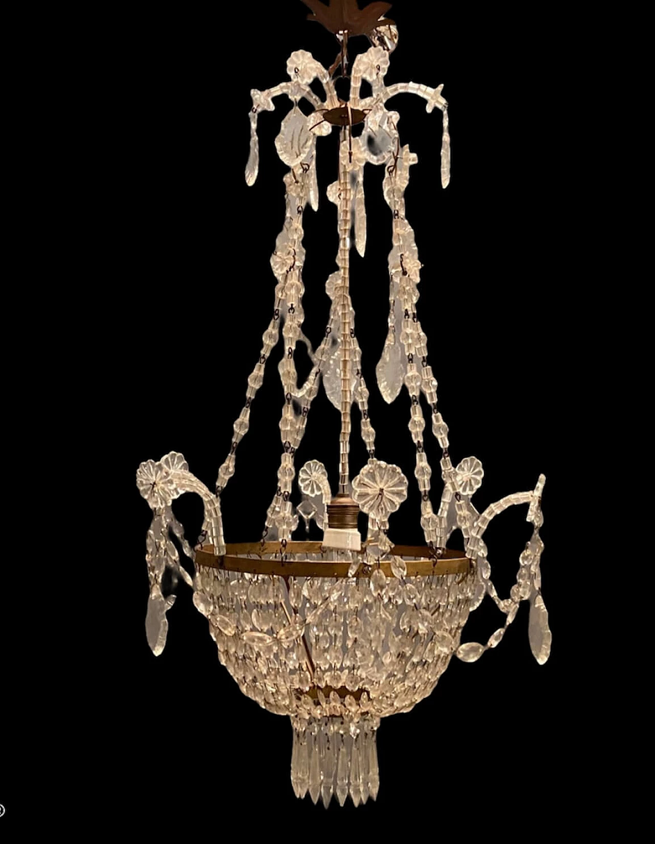 Chandelier in crystal beads and gilded metal, 50s 1226629