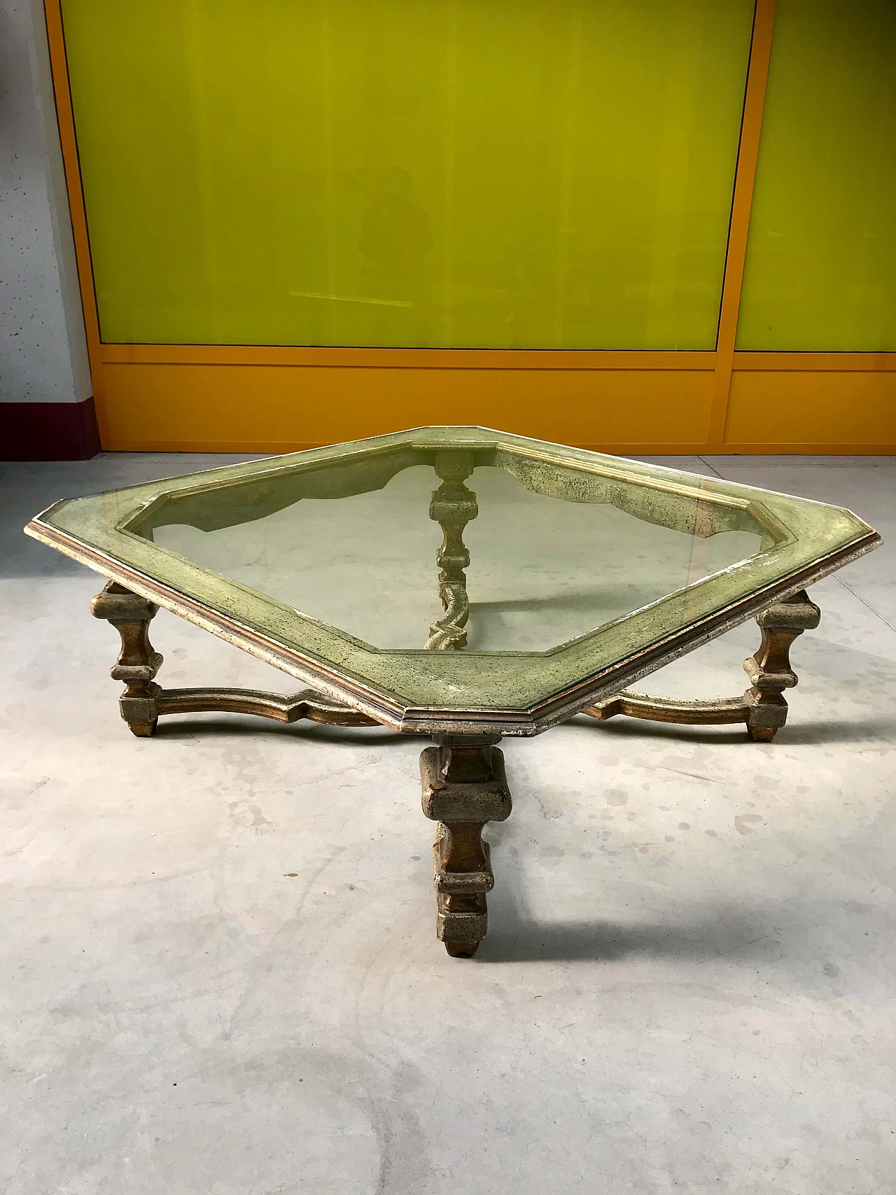 Lacquered and gilded Louis XIV style coffee table with glass top, original beginning 20th century 1231060