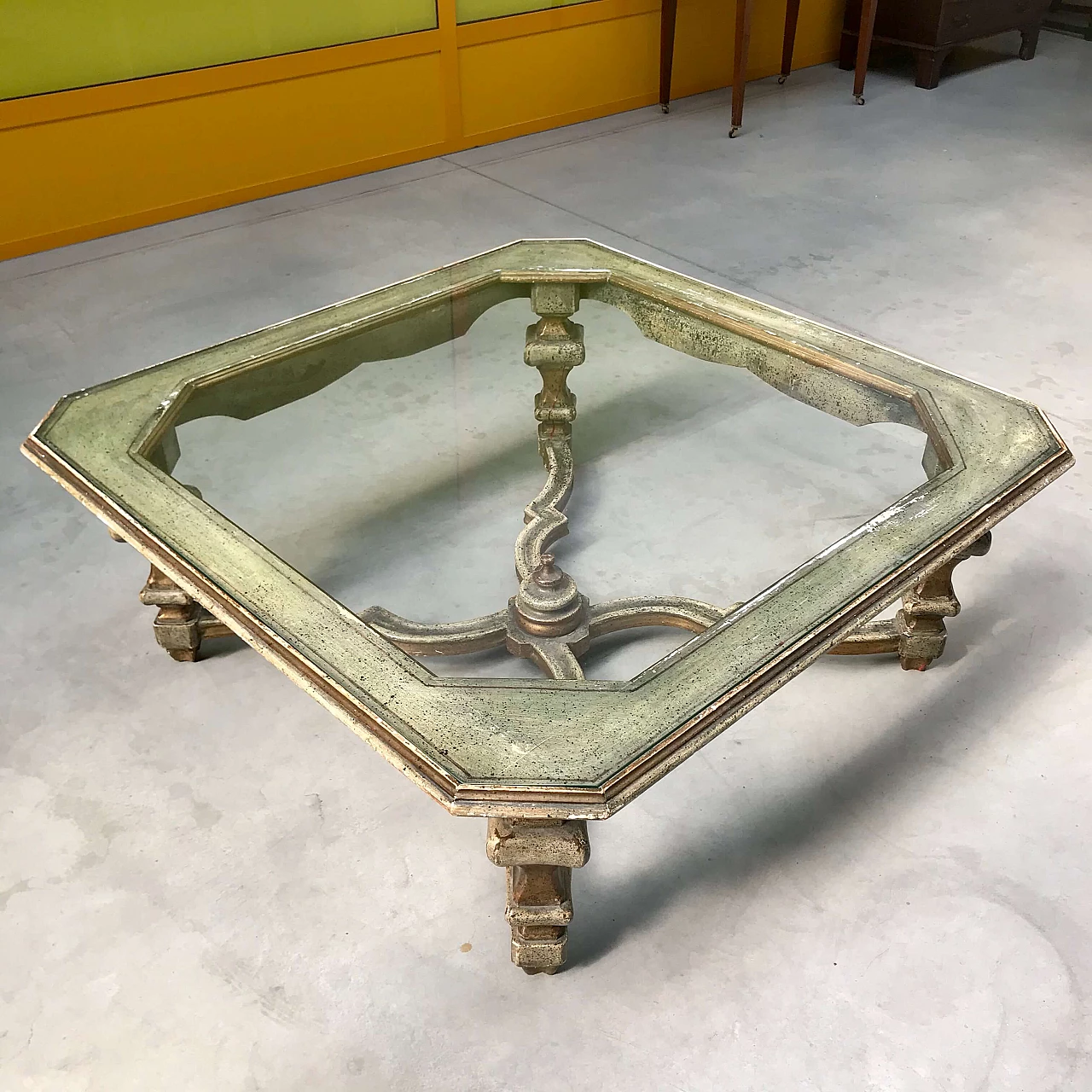 Lacquered and gilded Louis XIV style coffee table with glass top, original beginning 20th century 1231075