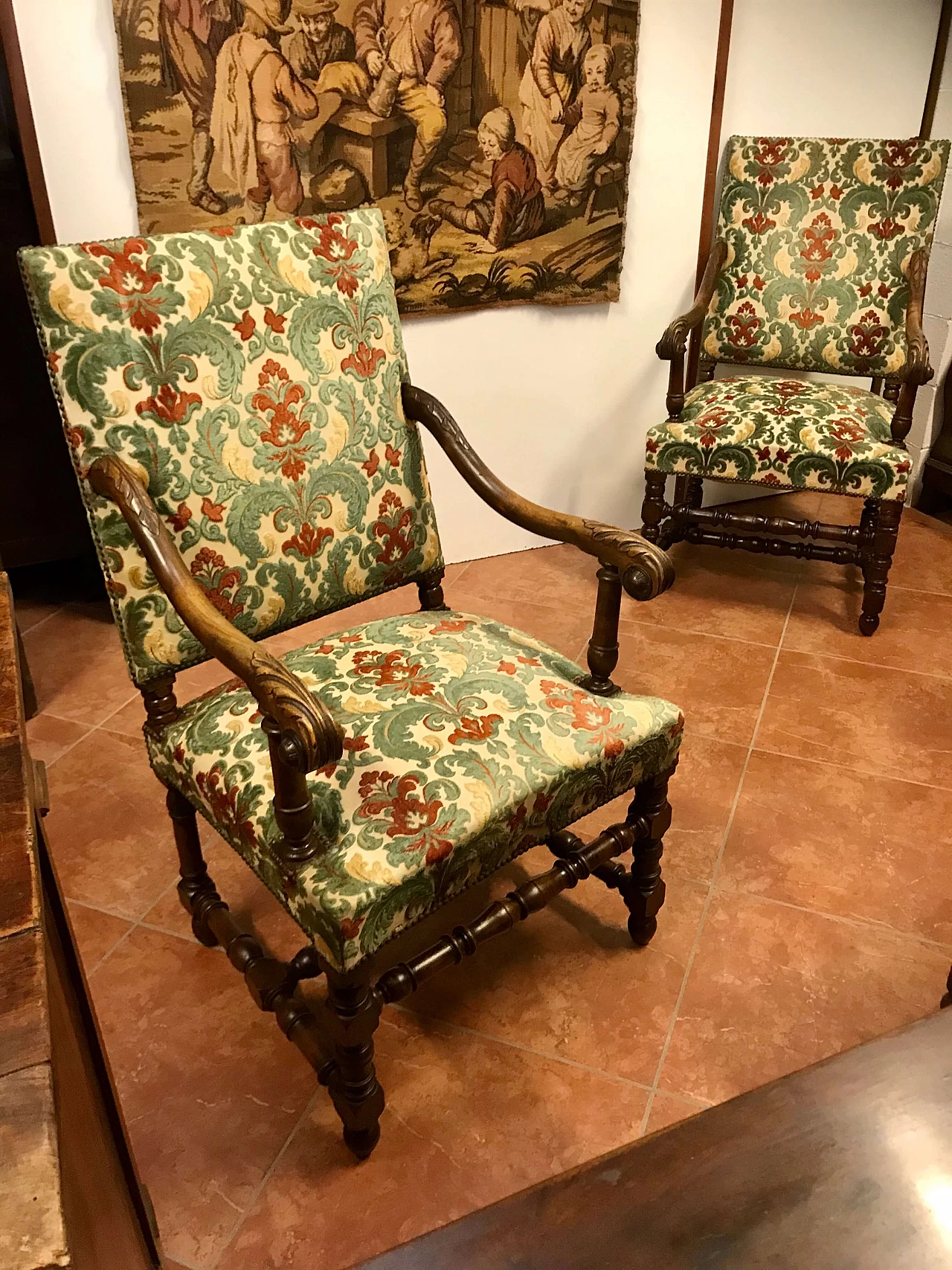 Pair of Rocchetto Armchairs in walnut covered in fabric, Turin, original early 19th century 1235007