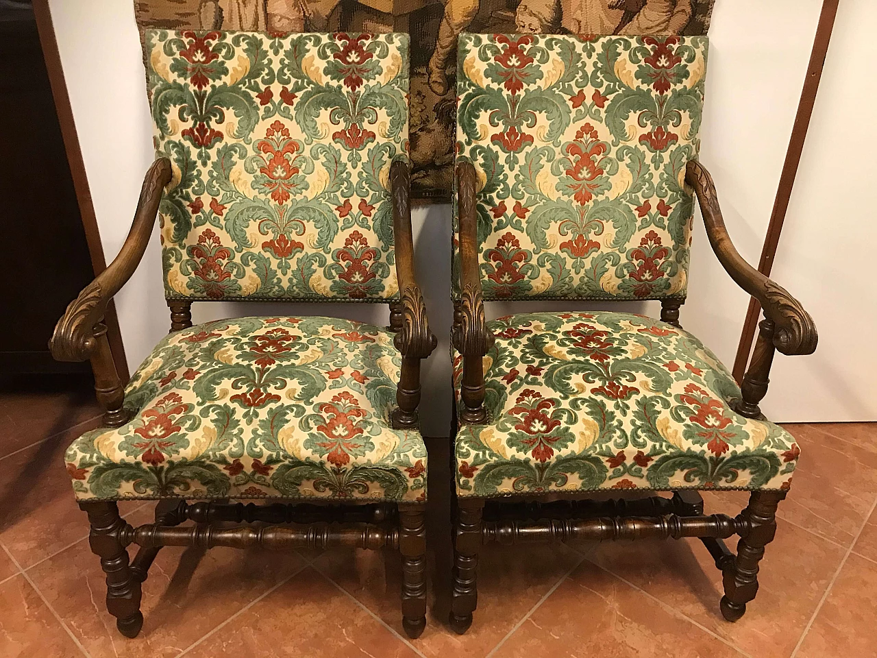 Pair of Rocchetto Armchairs in walnut covered in fabric, Turin, original early 19th century 1235008