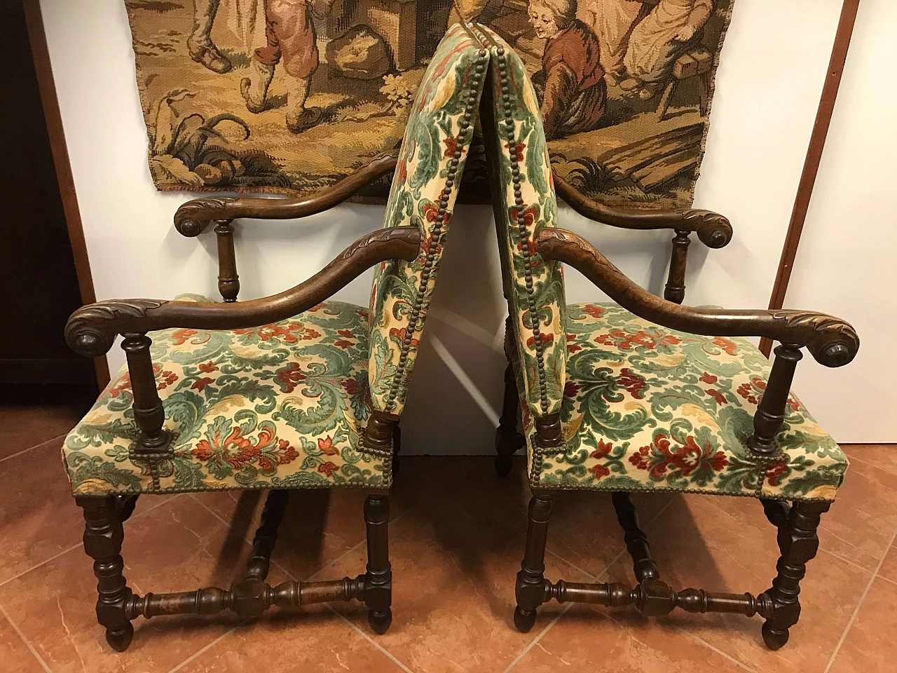 Pair of Rocchetto Armchairs in walnut covered in fabric, Turin, original early 19th century 1235009