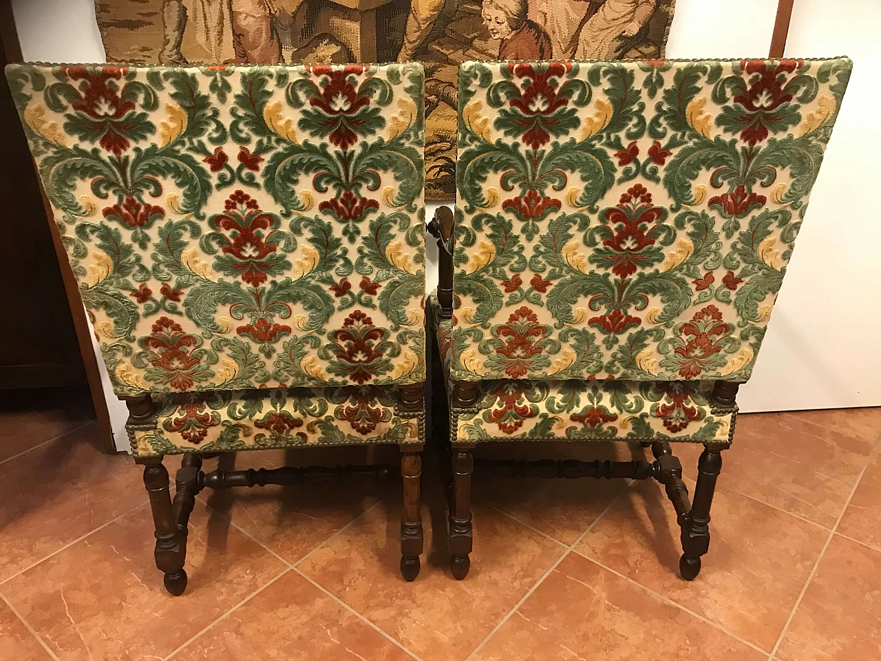 Pair of Rocchetto Armchairs in walnut covered in fabric, Turin, original early 19th century 1235010