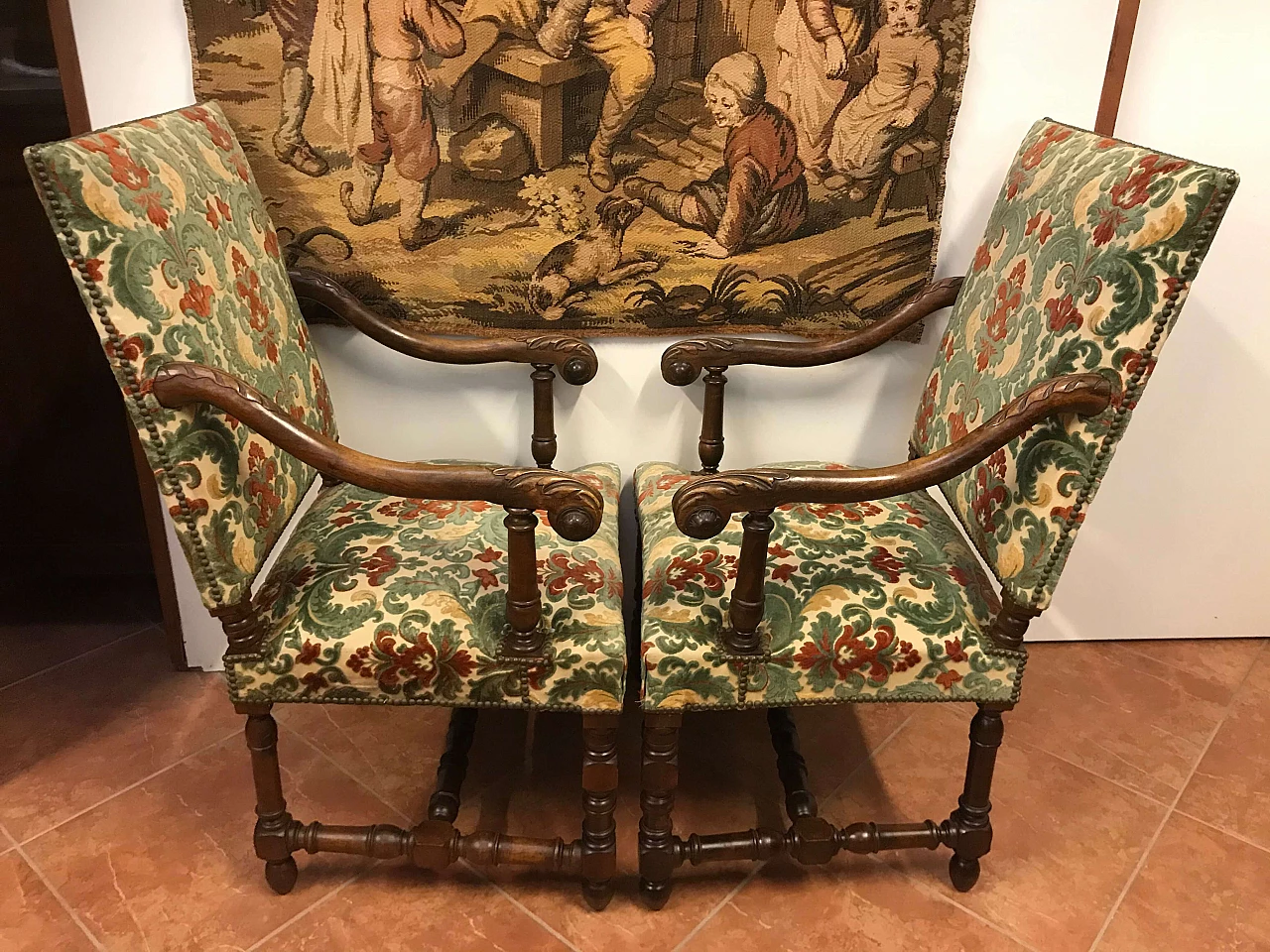 Pair of Rocchetto Armchairs in walnut covered in fabric, Turin, original early 19th century 1235011