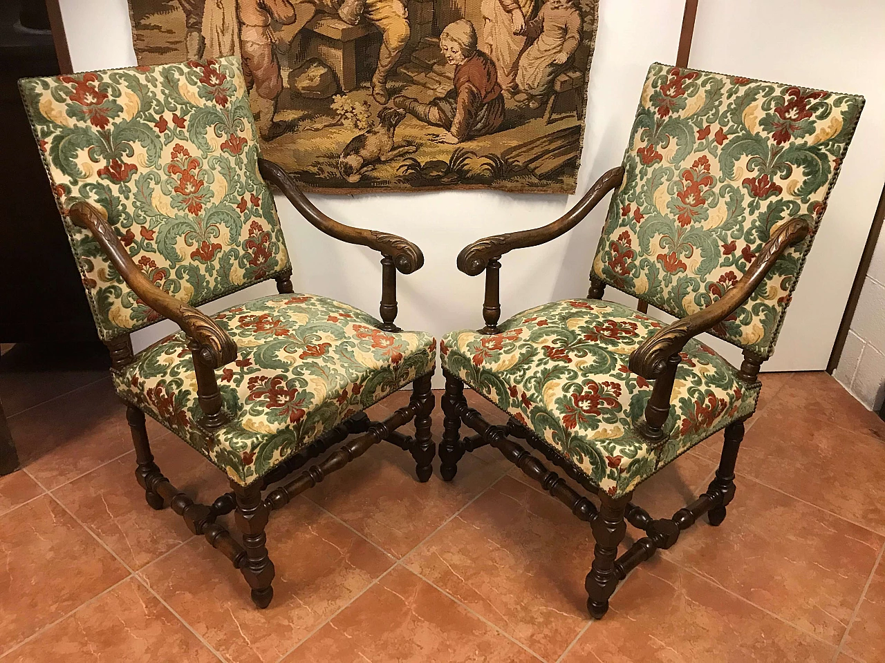 Pair of Rocchetto Armchairs in walnut covered in fabric, Turin, original early 19th century 1235012