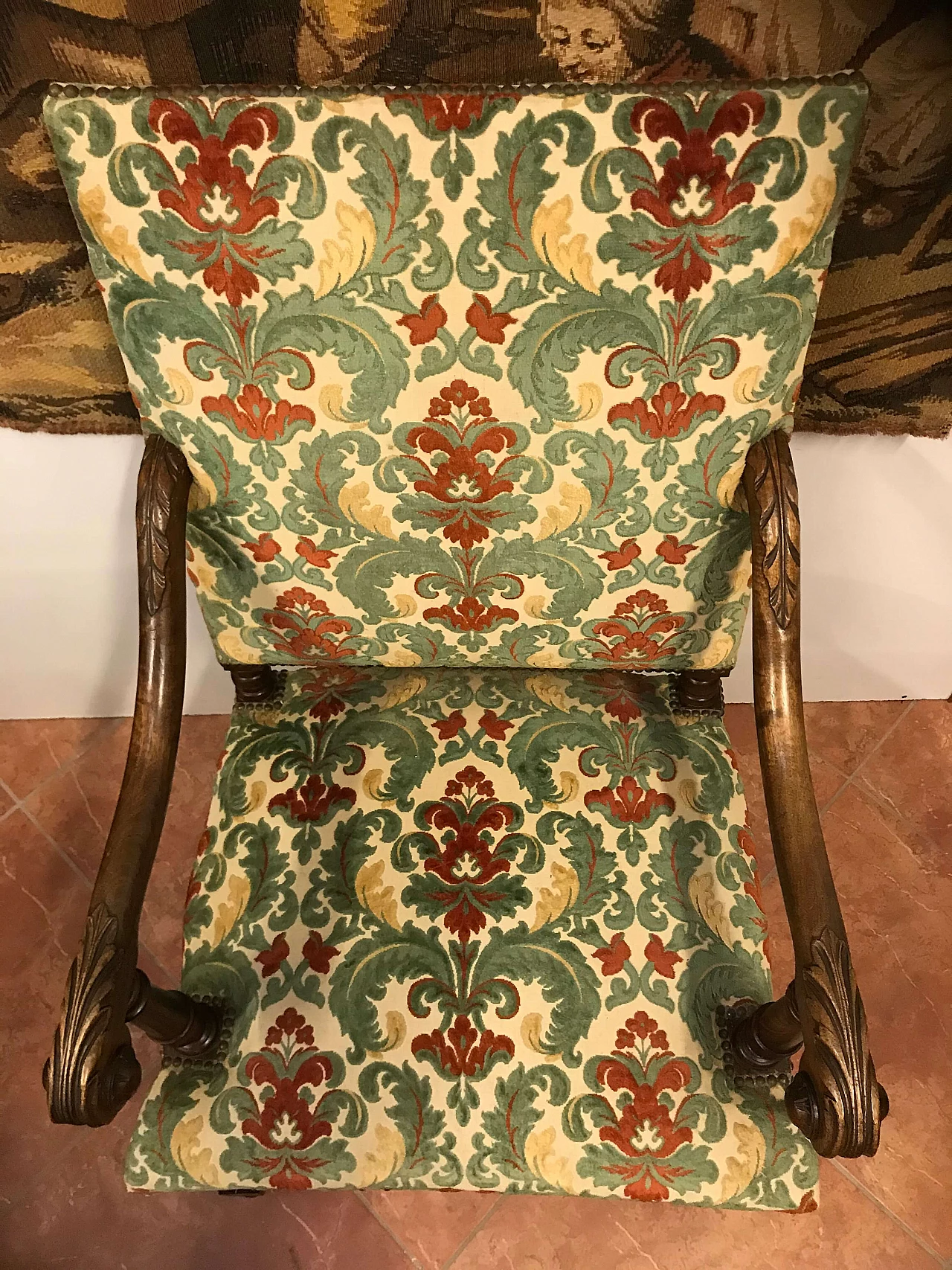 Pair of Rocchetto Armchairs in walnut covered in fabric, Turin, original early 19th century 1235018