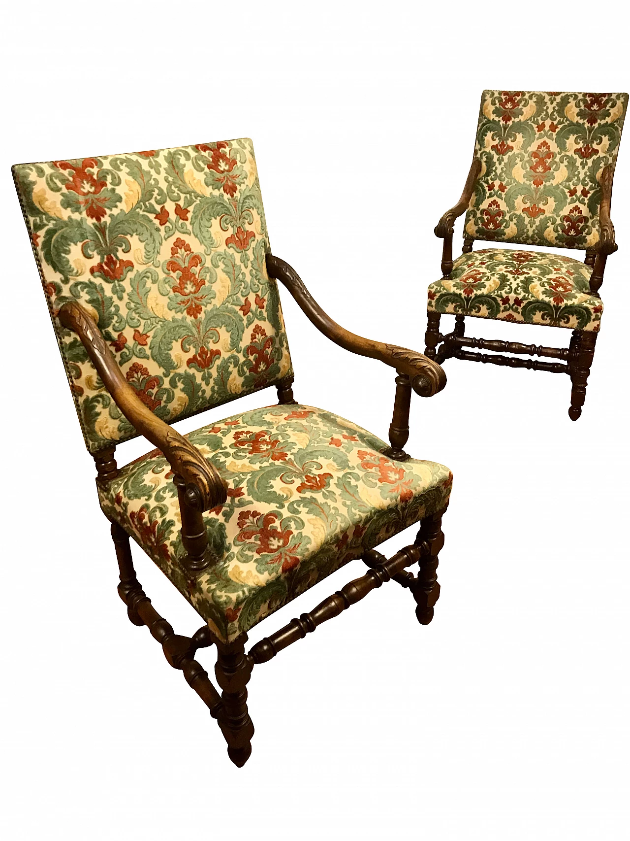 Pair of Rocchetto Armchairs in walnut covered in fabric, Turin, original early 19th century 1235587