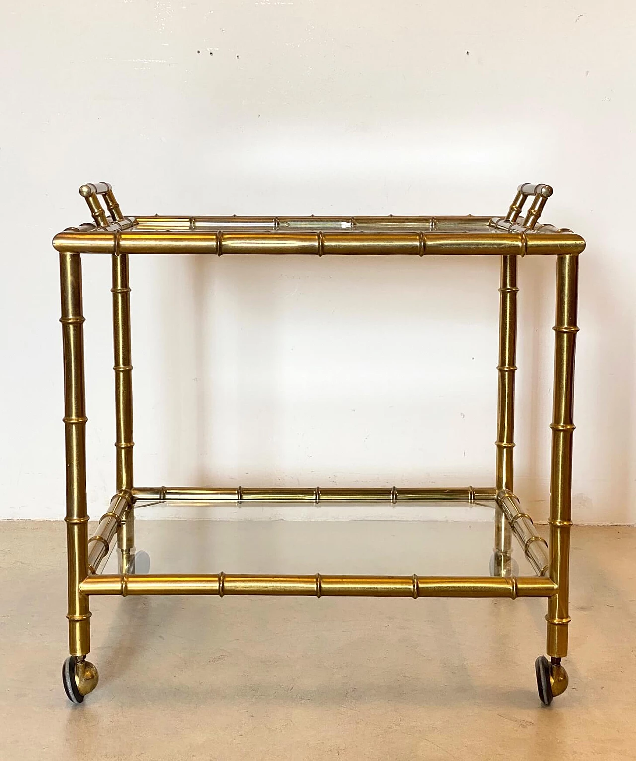 Fake bamboo brass bar trolley with removable tray, 1970s 1236589