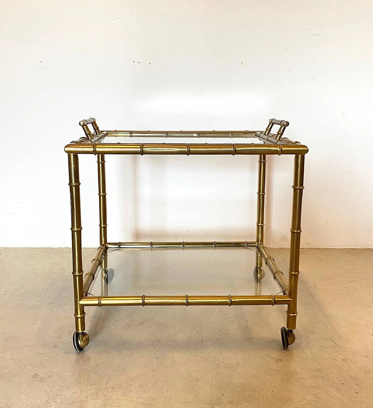 Fake bamboo brass bar trolley with removable tray, 1970s 1236590