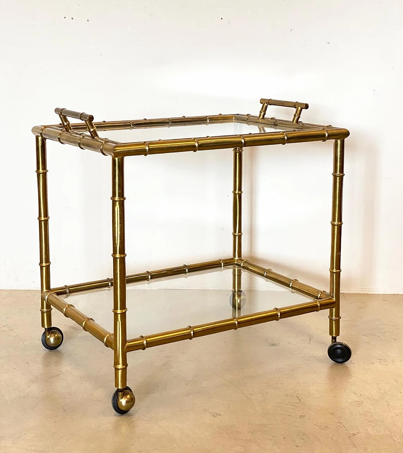 Fake bamboo brass bar trolley with removable tray, 1970s 1236601