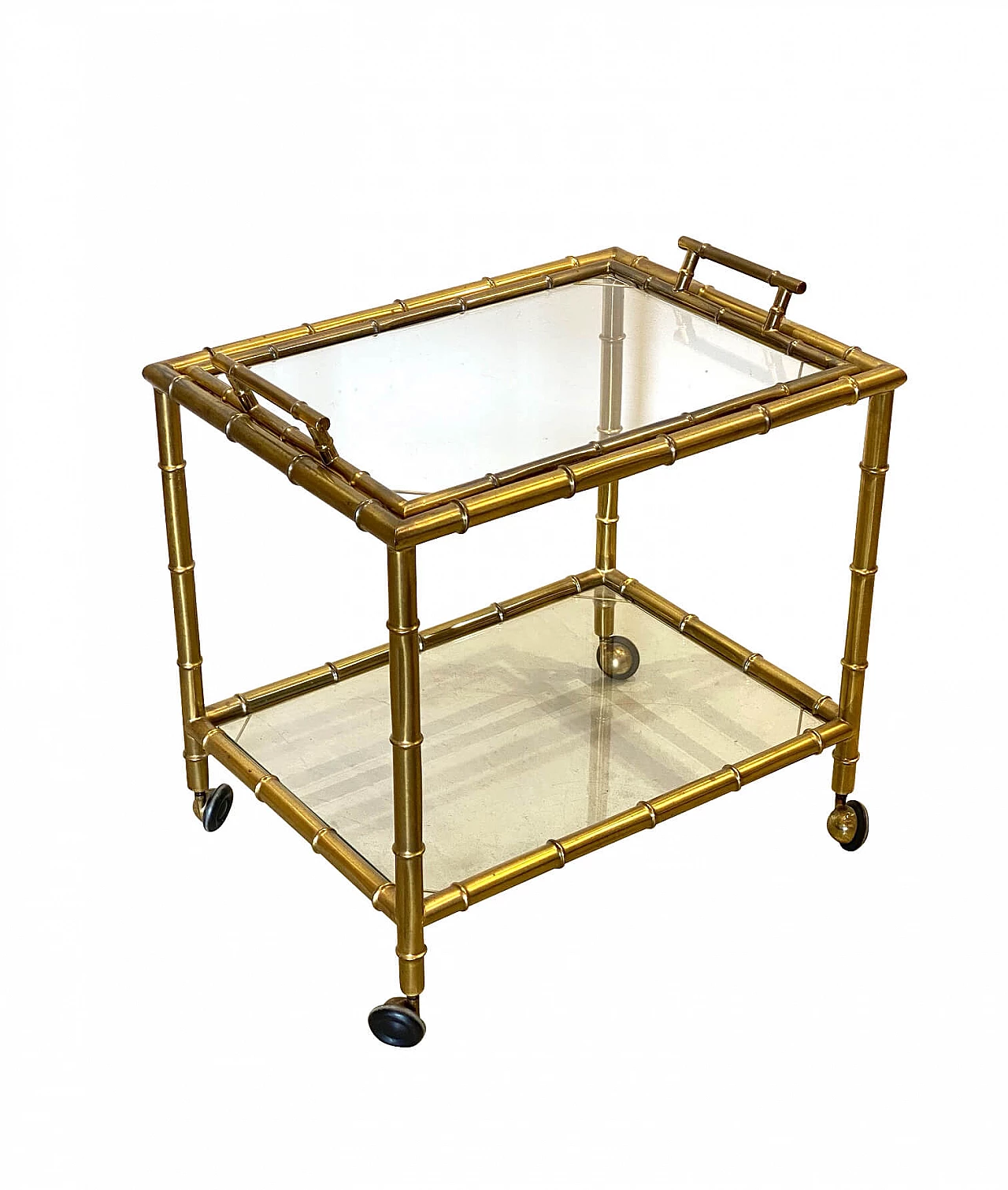 Fake bamboo brass bar trolley with removable tray, 1970s 1237225