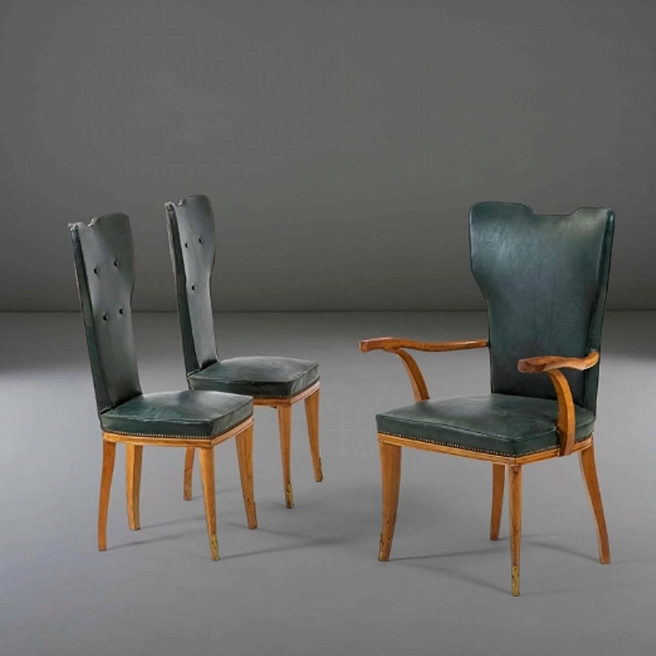 2 Chairs and 1 armchair with wooden frame, 1950s 1239754