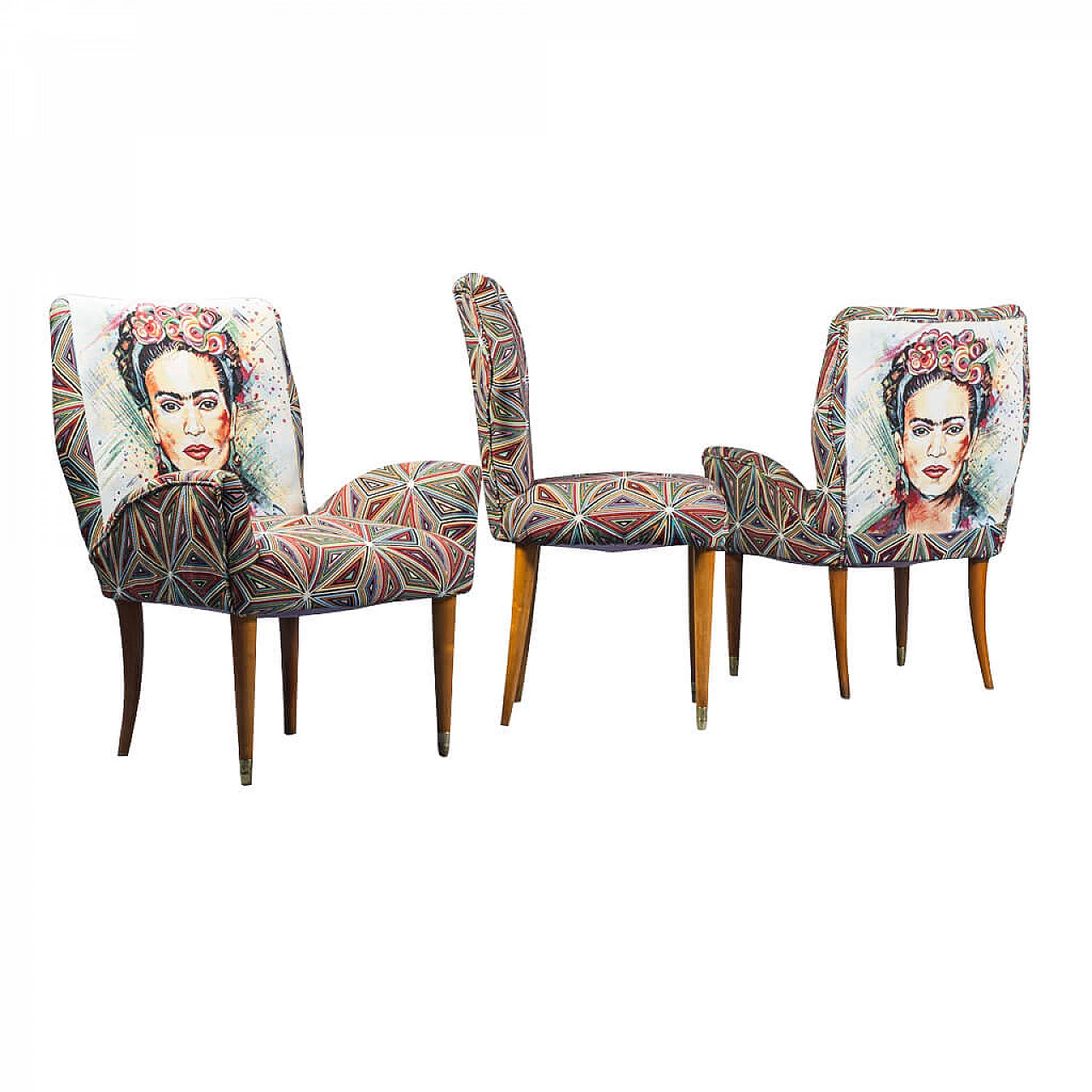 3 Patterned fabric and wood armchairs, 50s 1251152